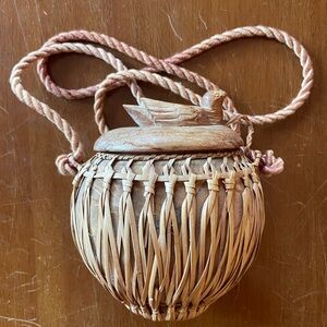 Vintage Coconut Straw Bag With Carved Bird On Lid, Preowned